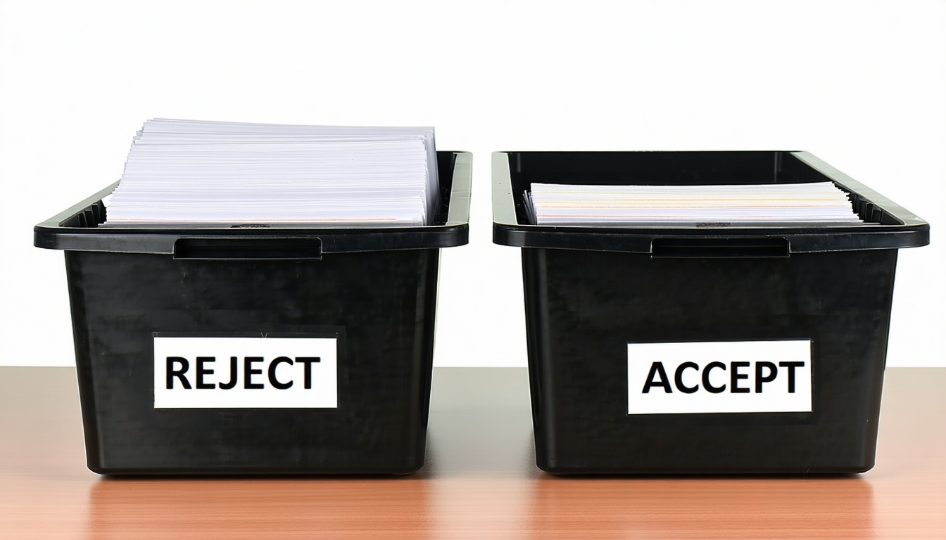 桌子上的文件盘 其中一个标记为 REJECT,另一个标记为 ACCEPT-1